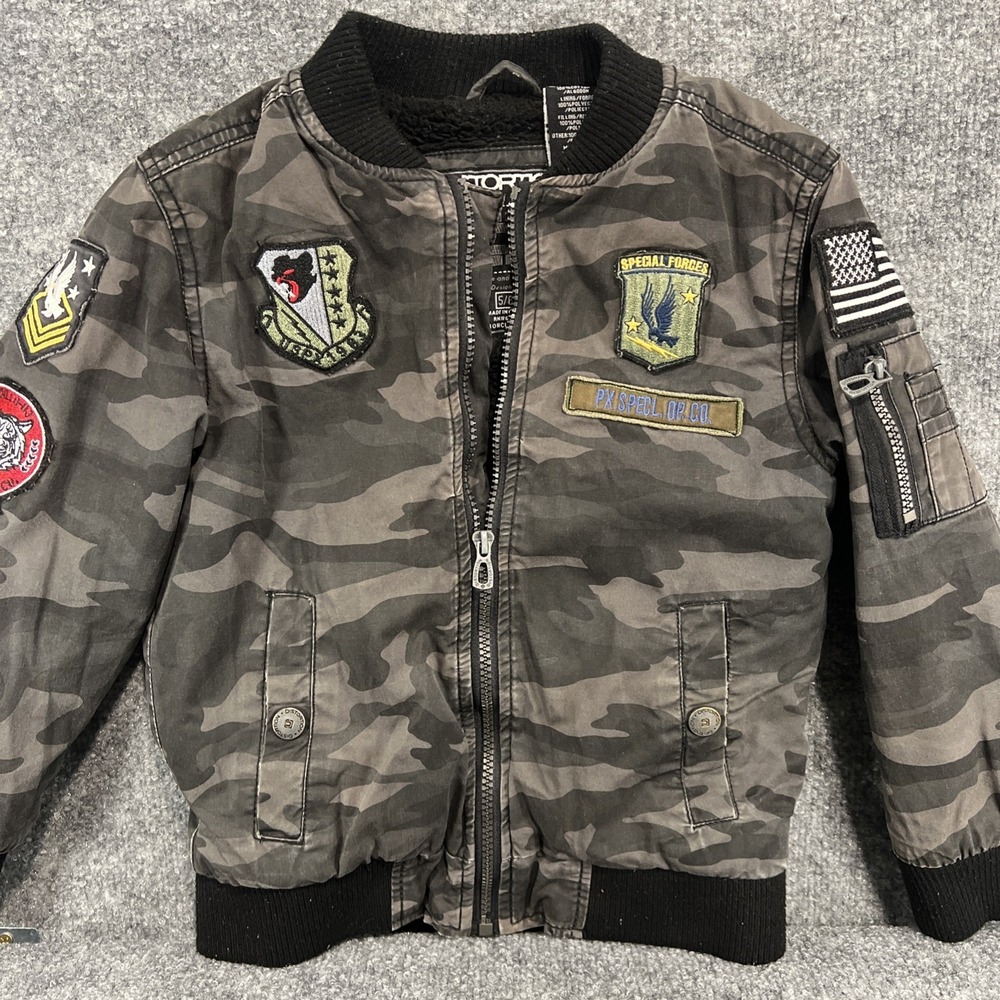 Distortion Boys Camo Bomber Jacket Size 5/6 Youth Fleece Lined Military Patches